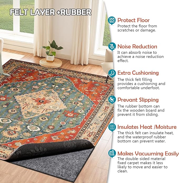 Waterproof Rug Pad, Thick 5x8 Ft Under Area Rug Carpet Pad, Non Slip Rug Pads for All Floors and Hardwood Floors Finishes, Keep Carpets in Place Soft and Prevent Rug from Wrinkling or Buckling