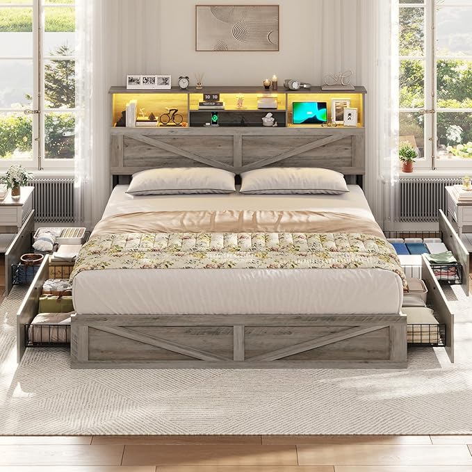 VIAGDO Farmhouse Bed Frame King Size with Bookcase Storage Headboard, Charging Station and LED Lights, Wooden King Bed Frame with 4 Drawers, Barn Door Design, No Box Spring Needed, No Noise, Grey