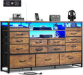 WLIVE TV Stand for 55, 60, 65 inch TV, Entertainment Center with LED Lights & Charging Station, TV Media Console Table with 15 Fabric Drawers and Open Shelves for Living Room, Hallway, Rustic Brown