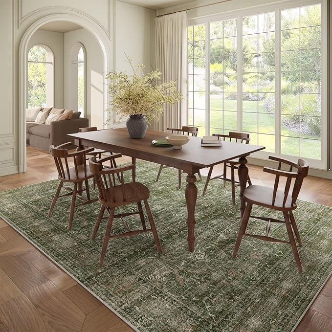 Washable 8x10 Area Rugs for Living Room, Boho Non-Slip Vintage Distress Large Rugs for Bedroom Dining Room Nursery Office, 0.3" Neutral Oriental Throw Thin Carpet, Grass Green/Multi