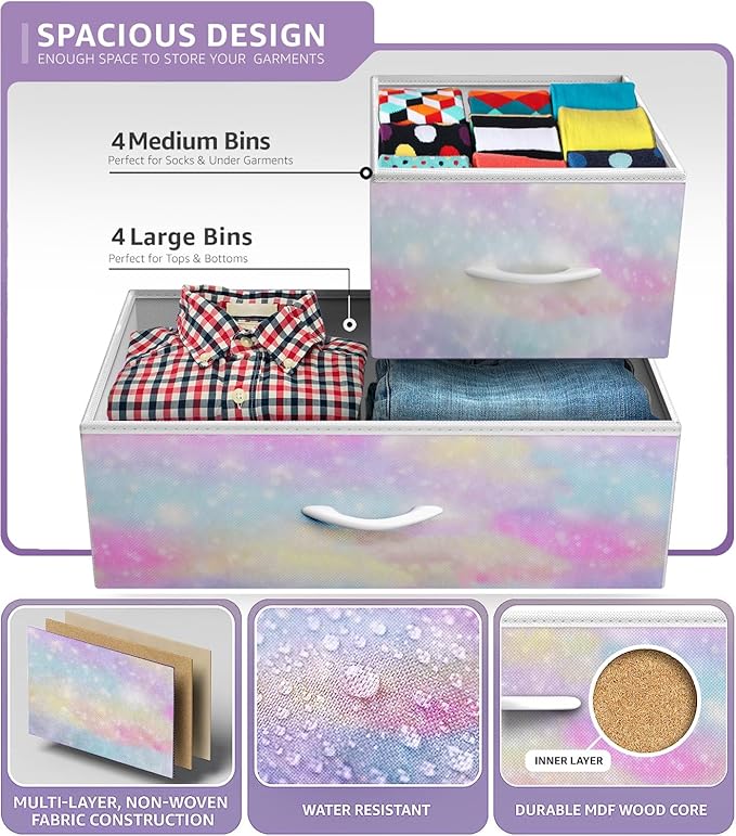 Sorbus Dresser with 8 Drawers - Furniture Storage Chest for Kid’s, Teens, Bedroom, Nursery, Playroom, Clothes, Toys - Steel Frame, Wood Top, Fabric Bins (Tie-dye)