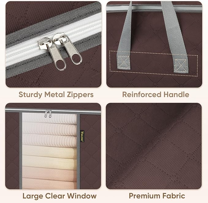 BALEINE 2 Pack Clothes Storage Bags, 16 Gallon Storage Containers with Reinforced Handle, Sturdy Zipper, Closet Organizer for Blanket, Comforter, Pillow, Bedding (Brown, 2 Pack)
