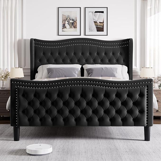 King Bed Frame with Tall Headboard & Footboard, Velvet Upholstered Platform Bed Frame with Deep Button Tufted Wingback, No Box Spring Needed, Noise Free, Black