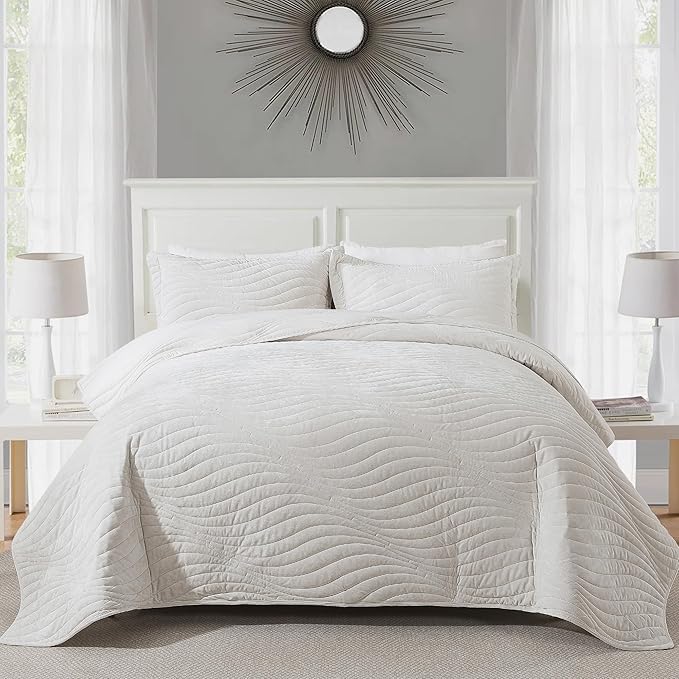HoneiLife King Quilt Bedding Set - Velvet Quilt Sets 3-Pieces, Lightweight Bedspreads Solid Coverlets Retro Bed Cover Quilt King Size All Season Quilts, Nature White