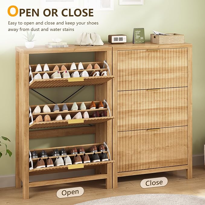 Shoe Cabinet Storage for Entryway, Fluted Shoe Cabinet with 3 Flip Drawers, Hidden Shoe Rack Tall Freestanding Shoe Organizer with Legs for Hallway, Oak