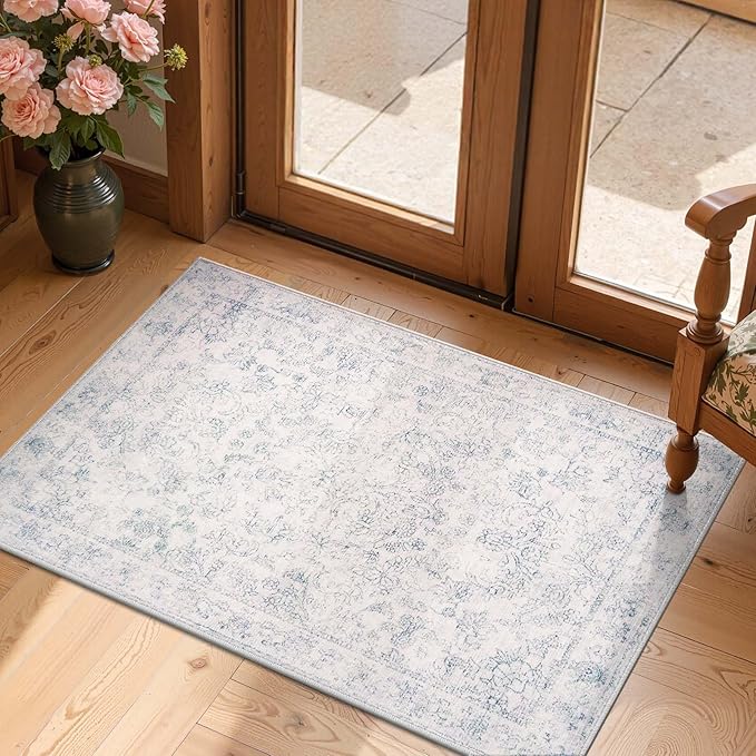 jinchan 2x3 Washable Rugs for Entryway - Kitchen Mats Vintage Floral Ultra-Thin Low Pile Soft Throw Small Non-Slip Distressed Doormat Accent Rug for Entrance Bathroom Bedroom (2'x3', Ivory)