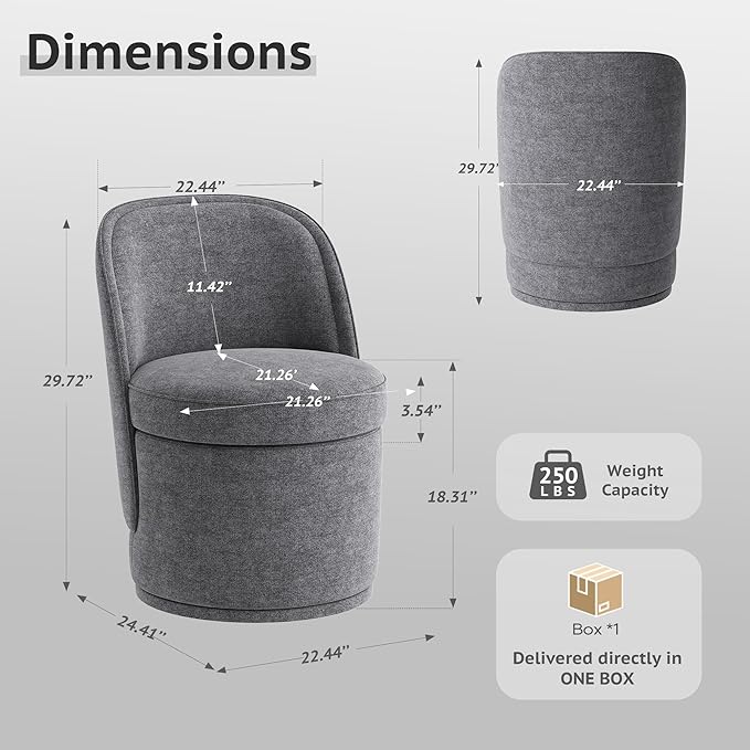 Swivel Accent Chair, 360° Swivel Chair with Hidden Storage, Vanity Chairs, Modern Small Barrel Swivel Armchair for Living Room/Bedroom, Darkgrey