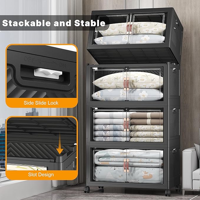 Extra Large Stackable Storage Bins with Lids & Wheels & Door, 640QT-160QT/40GAL*4Pack Foldable Collapsible Closet Organizers, Plastic containers drawers for bedroom Dorm