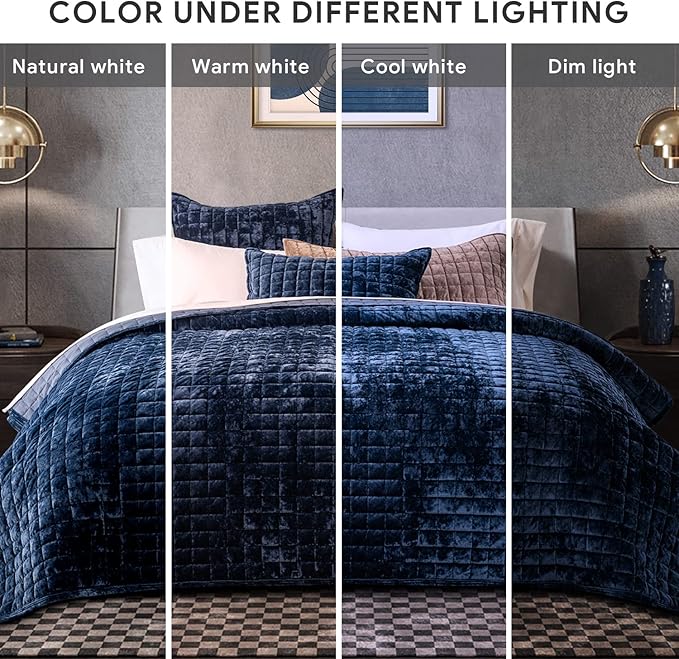 RECYCO Luxury Velvet Quilt Set Full Queen Size, Lightweight Velvet Comforter Set, Oversized Bedspread Coverlet Quilted Bedding Set, with 2 Matching Pillow Shams, for All Season, Navy Blue