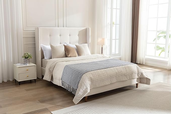 King Size Upholstered Bed Frame, 54" Tall Headboard Platform Bedframes with Nail Head Decorative Wingback, Hand Buttoned Tufting Headboard Beds/No Box Spring Needed/Minimalism, Ivory Velvet