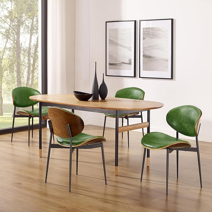 Art Leon Dining Chairs, Set of 2, Walnut Bentwood, Mid Century Modern Chair, Green Faux Leather Kitchen Dining Room Chairs, Accent Chairs for Bedroom