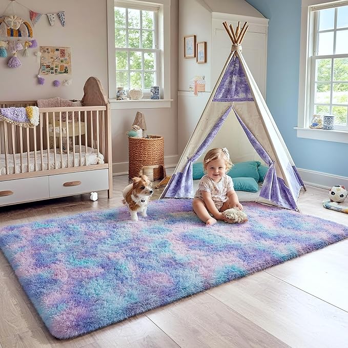Ophanie Rainbow Purple Rug for Bedroom Girls, Unicorn Colorful Mermaid Fluffy Soft Cute Fuzzy Area Rugs, Shag Plush Shaggy 4x6 Furry Carpet for Kids Baby Teen Dorm Nursery Home Decor Aesthetic