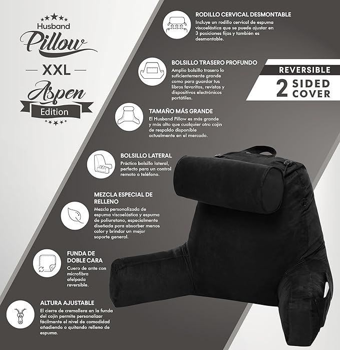Husband Pillow XXL Aspen Edition, Adult Reading Sit Up Bed Rest Pillow for Bed with Arms & Neck Roll on Bungee Cord - Premium Memory Foam - Reversible 2 Sided Cover Micro Suede or Plush, Stable Black