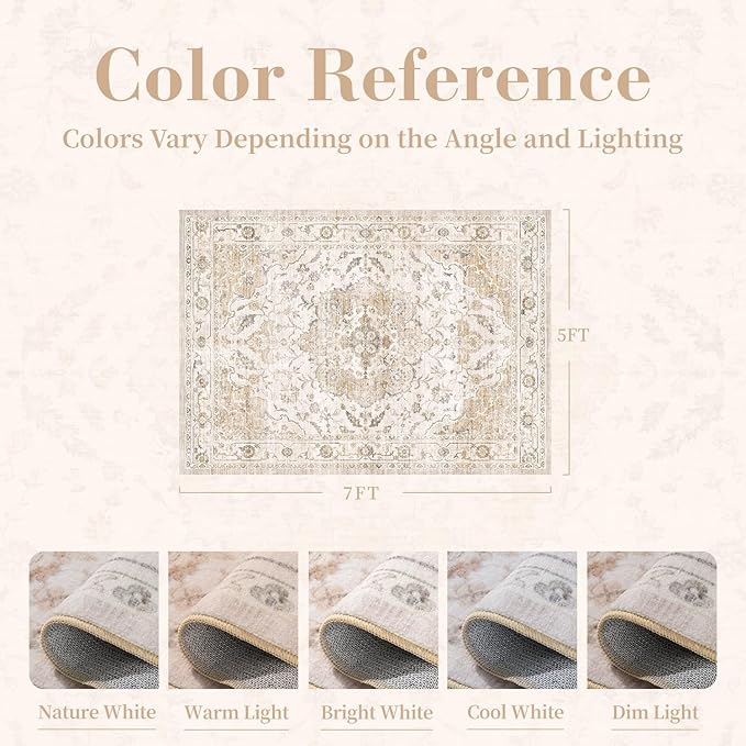 PADOOR 5X7 Area Rug,Rugs for Living Room,Soft Beige Rugs for Bedroom,Machine Washable Rug Non Slip Carpet for Dining Room Living Room Bedside Office