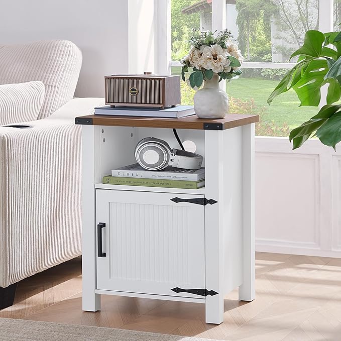 Joaxswe Antique White Nightstand Set of 2, 18 Inch Farmhouse Night Stand with Charger Station and USB Port, Modern Couch Side Table with Magnetic Door and Storage Shelf, Bedside Tables for Bedroom