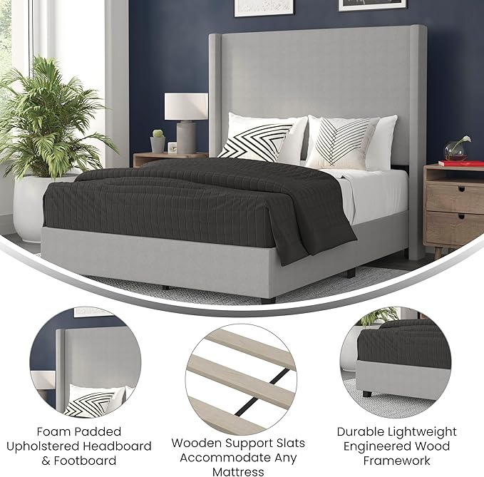 EMMA + OLIVER Nora Full Size Faux Linen Upholstered Platform Bed with Plush Padded Wingback Headboard (No Box Spring Needed), Modern Upholstered Headboard Full Bed Frame, Gray