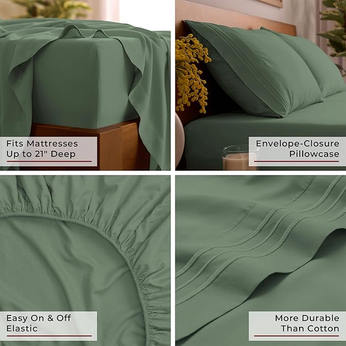 Mellanni King Sheet Set - 6-Piece Iconic Collection Bedding, (Including 4 Pillowcases), 21-Inch Extra Deep Pocket, Easy Care, Ultra Soft, Cooling Sheets, Brushed Microfiber - Sage
