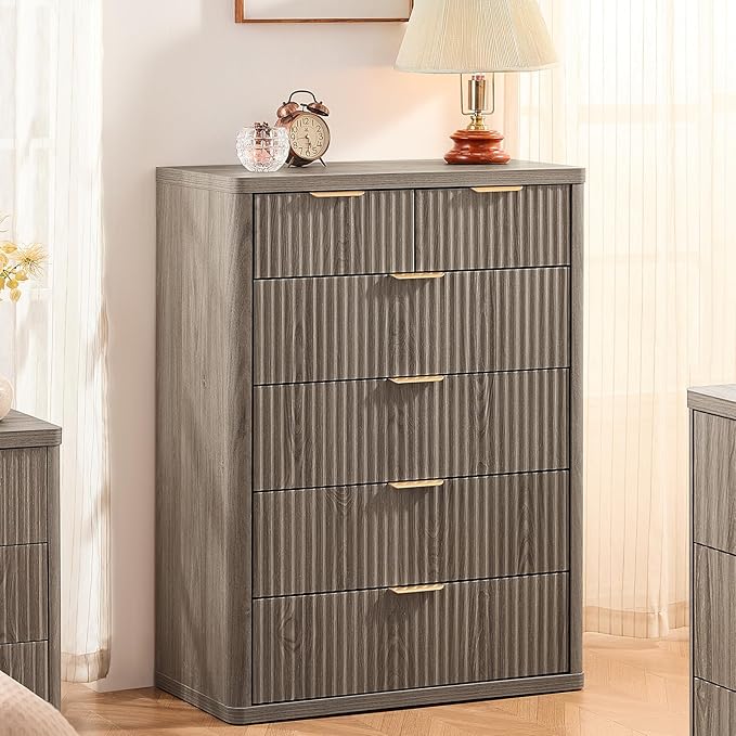 LEYAOYAO Fluted 6 Drawers Dresser for Bedroom Set of 2, 42" Tall Modern Chest of Drawers with Metal Handle, Curved Profile Design,Grey Wood Drawer Organizer for Bedroom, Living Room, Hallway