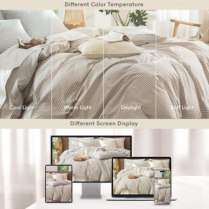 MooMee Gingham Duvet Cover Set 100% Washed Cotton Linen Like Textured Breathable Durable Soft Comfy Modern Checkered Design (Mini Gingham Tannish Linen Grey, Palatial King/Oversized King 120"x98")