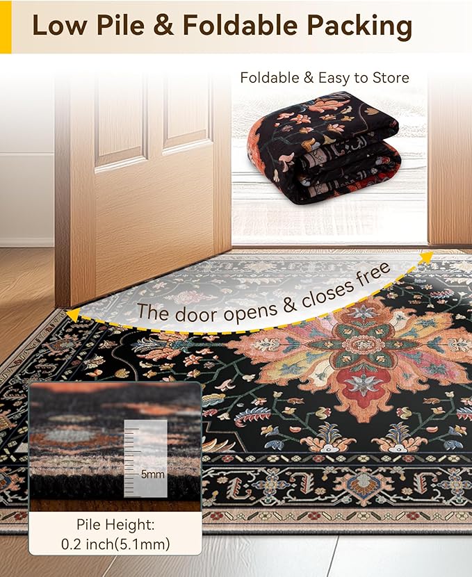 Area Rugs 2'x4' Washable Non-Slip, Floral Vintage Distress Print Pattern Medallion Carpet for Living Room Bedroom Dining Room, Black Colorful Floral Dark Tan
