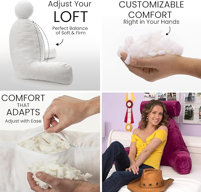 Husband Pillow XXL Aspen Edition - Adult Reading Bed Rest Pillow with Arms & Detach Neck Roll on Bungee Cord - Premium Memory Foam, Reversible 2 Sided Covers Micro Suede or Plush, Sliding Raspberry