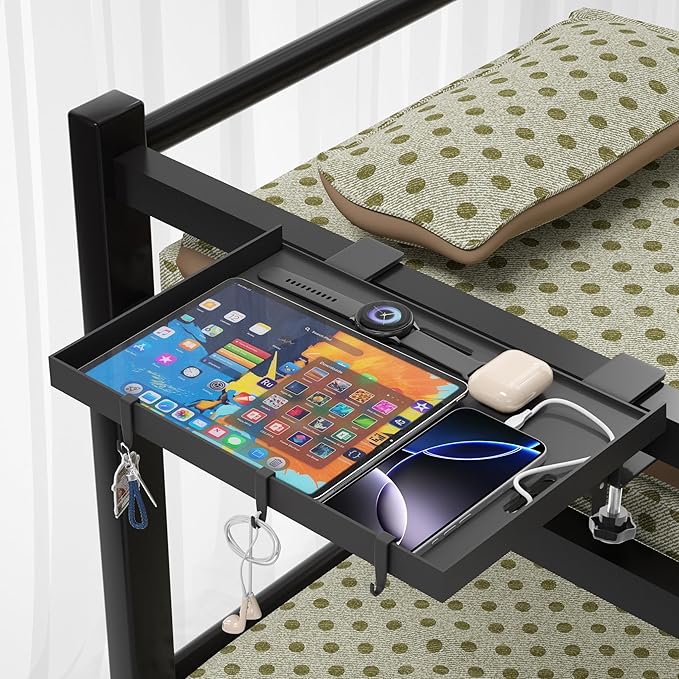Foldable Bedside Shelf, Metal Clip-On Bed Tray Table for Bunk Bed & Dorm Beds, Dorm Room Essentials Organizer for College Students, Floating Tray, Space Saving Nightstand for Loft Beds (Black, Large)