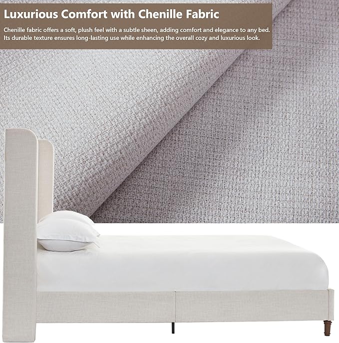 Harper Upholstered Wingback Bed Frame with 54" Extra-Tall Headboard - Modern Textured Chenille Platform Bed, Solid Oak Wood Feet, Sturdy Metal Foundation, Box Spring Required(Ivory Queen)