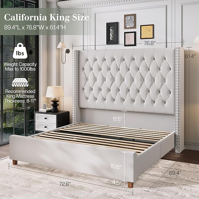 Jocisland California King Bed Frame with 61.4" Tall Wingback Headboard, Velvet Upholstered Platform Bed, Handcrafted Pleats& Deep Button Tufted, Solid Wood Legs, No Box Spring Required, Cream