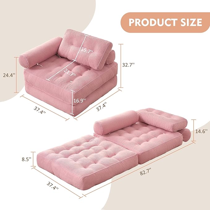 Plus Futon Sofa Bed for Small Spaces, Floor Couch with Armrest, Folding Sofa Couch, Convertible Sleeper Chair Bed with Pillow, Portable Comfy Floor Lounge for Living Room and Bedroom, Pink