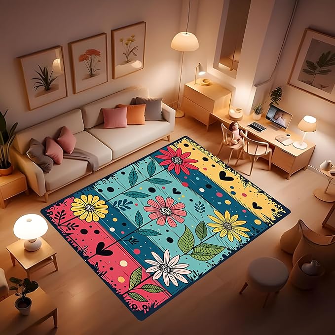 Machine Washable 3' x 5' Folk Art Print Style Area Rug, Flowers Floor mat, Suitable for bedrooms, Girls' Room Bedside, Living Room, Dining Room, Office, Non-Slip Low-Pile Retro, Fashionable Carpet