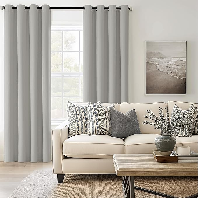 ChrisDowa 100% Blackout Light Grey Solid Curtains 96 Inches Long 2 Panels for Bedroom Living Room,Farmhouse Room Darkening Thermal Insulated Soundproof Grommet Top Window Treatment Drapes,52x96