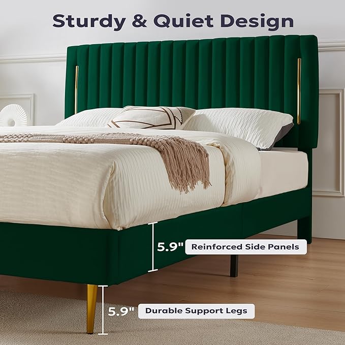 Twin Platform Bed Frame, Velvet Upholstered Bedframe with Vertical Channel Adjustable Headboard, Golden Plating Trim, Mattress Foundation with Wooden Slats, No Box Spring Needed, Green
