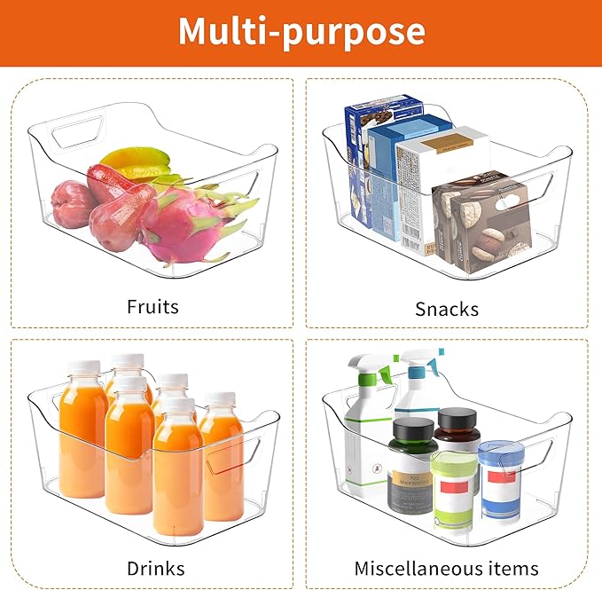 Attelite 12 Pack Clear Plastic Storage Bins, Multi-Use Pantry Organizers and Storage, Pantry Organizer Containers for Home, Kitchen, Freezer, Fridge, Cabinet, Bathroom and Under Sink Organizing