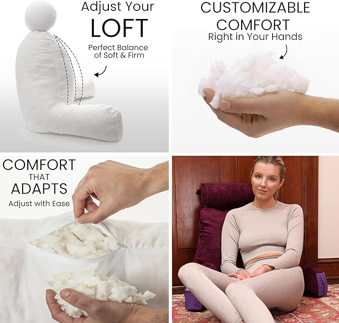 Husband Pillow Medium Aspen Edition Mauve Purple, Sit Up Reading & Bed Rest with Arms, Ultra-Comfy, Detach Neck Roll - Premium Shredded Memory Foam Backrest, Reverses to Micro: Suede or Plush