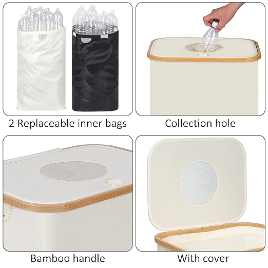 iEGrow 29 Gallons Recycling Bins for Kitchen, Indoor Recycle Bins with Lid, 110L Large Recycle bin with 2 Removeable Reusable Inner Bags, for Bottles Cans Glass Plastice Cartons(Beige)