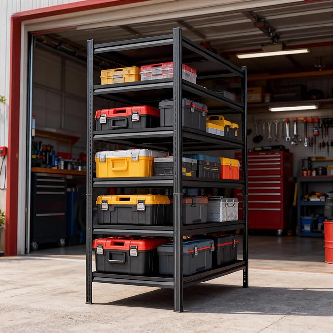 Storage Shelves, Garage Metal Shelving Unit, Adjustable, Double-Layer Column with Reinforced Ribs, Heavy-Duty, Capable of Bearing 600-3600 lbs (Black, 47''W*24''D*77''H, 6-Tier)