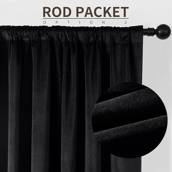 Joydeco 100% Blackout Velvet Curtains for Bedroom 120 Inches Long 2 Panels, Back Tab/Rod Pocket Living Room Drapes, Thermal Insulated Soundproof Heavy Duty Curtains for Windows,52W x 120L,Black