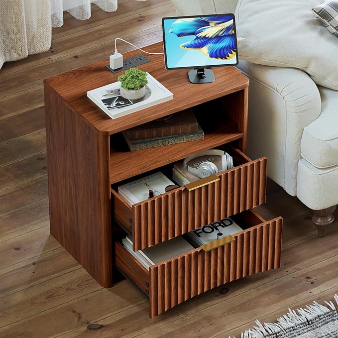 Evermagin Fluted Nightstand Set of 2 with Charging Station, Walnut Bedside Table with 2 Drawers, Wood End Table with Storage Mid Century Modern, Large Night Stand for Bedroom