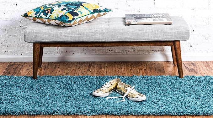 Unique Loom Solid Shag Collection Area Rug (2' 6" x 19' 8" Runner, Deep Aqua Blue)