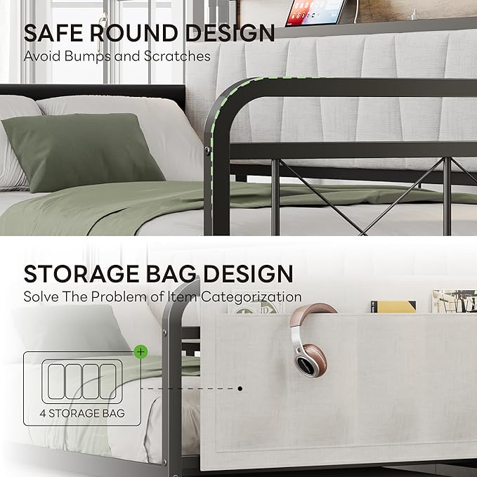 LIKIMIO Daybed with Trundle Bed, Twin Bed Frame with Storage Headboard and Charging Station, Sofa Day Bed with Strong Supports for Living Room, Bedroom, and Guest Room, Beige