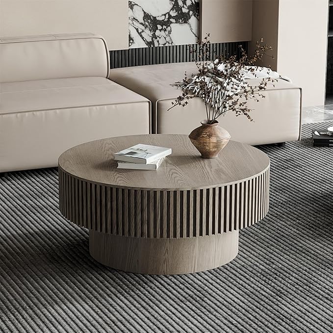 LKTART Round Coffee Table for Living Room, Accent Fluted Drum Coffee Table with Storage, Modern Solid Wood Veneered Circle Center Tea Table for Small Space Apartment (31.5''D×14''H-Grey)