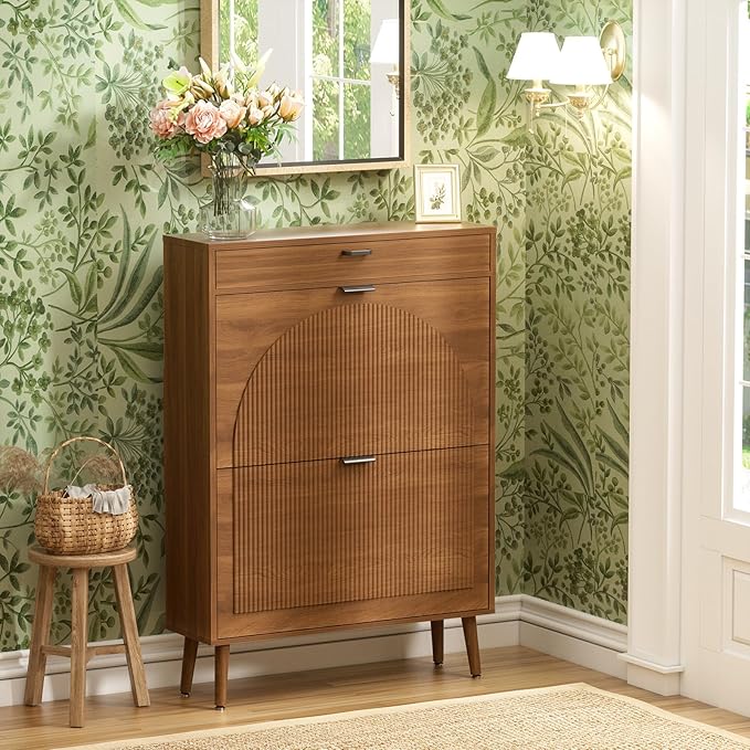 Yechen Shoe Storage Cabinet with 2 Flip Drawers& 1 Small Drawer, Slim Entryway Shoe Organizer with Fluted Wavy Doors for Hallway,Walnut