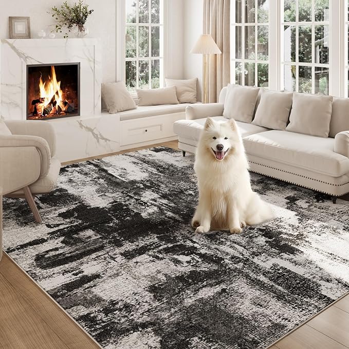 Area Rugs 8x10, Modern Abstract Machine Washable Rugs for Living Room Thin Carpet Indoor Floor Non-Shedding Carpets for Bedroom Dining Room Farmhouse Home Office | Black White
