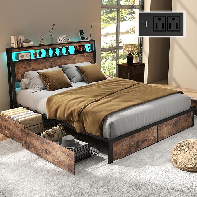 Full Size Bed Frame with 4 Storage Drawers and Headboard with Charging Station and LED Lights,2 Tier Solid Wood Headboard Storage,Noise Free, No Box Spring Needed/Remote/Vintage Brown