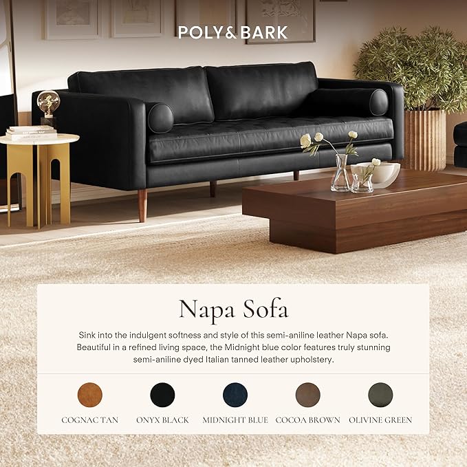 POLY & BARK Napa 88.5" Leather Sofa – Full-Grain Italian-Tanned Aniline Leather, Feather-Down Comfort, Solid Wood Frame, Walnut Legs, Onyx Black