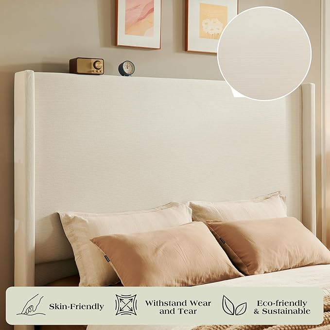 Queen Bed Frame with 63" Tall Headboard, Horizontal Fine Corduroy Bed Frame with Wingback, Upholstered Platform Bed, Vintage Solid Wood Gourd Legs, No Box Spring Needed, Cream