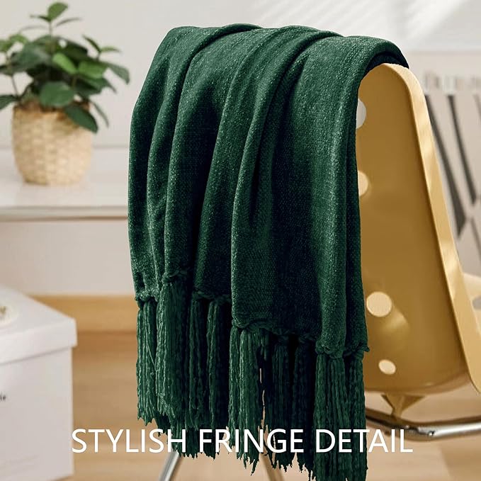 Chenille Throw Blanket for Couch 50"X 60", Soft Cozy Throws with Fringe Tassel for Bed Sofa Chair Cover, Lightweight Knitted Decorative Boho Blankets for Living Room, Dark Green