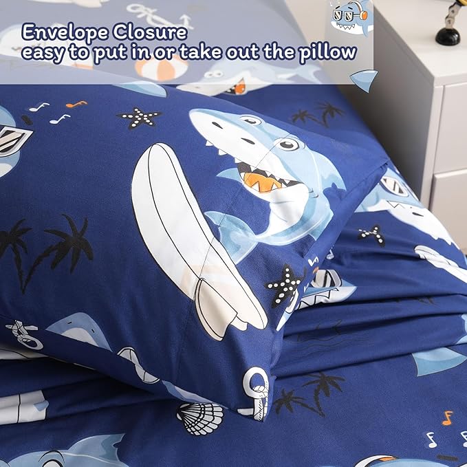 JSD Blue Shark Surfing Kids Sheet Set Twin Size, 3 Piece Nautical Printed Microfiber Sheets Deep Pocket