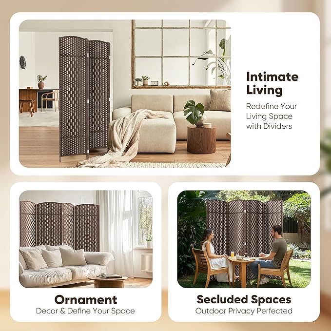 JOSTYLE Room Divider 4 Panel Portable Room Divider Panel Wall, 6ft Tall Divider for Room Separation, Folding Privacy Screen Panel, Freestanding Partition Screen, Chestnut Brown