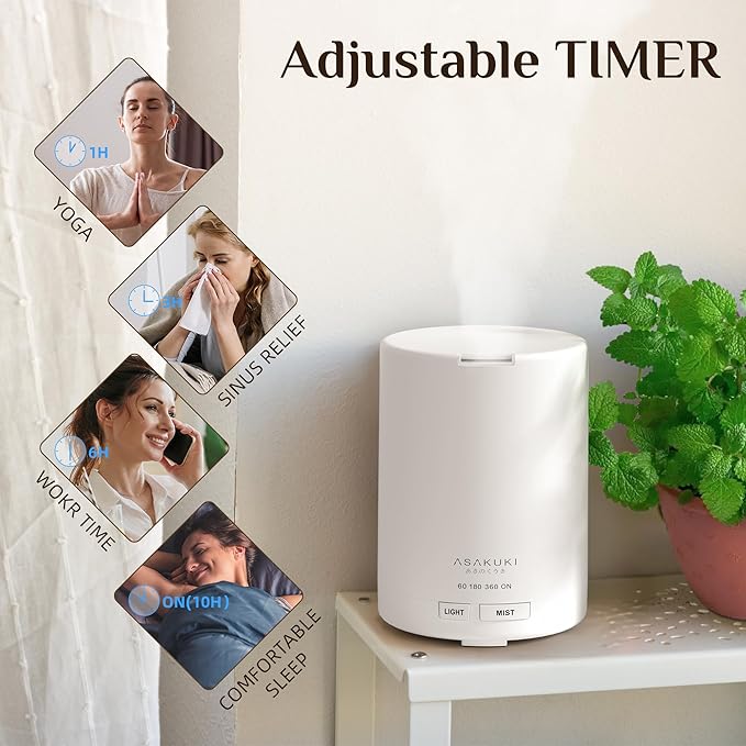 ASAKUKI Essential Oil Diffuser, 5-in-1 Quiet Humidifier, Home Fragrance Aroma Diffuser with 7 LED Color Changing Light and Auto-Off Switch (Pure White)